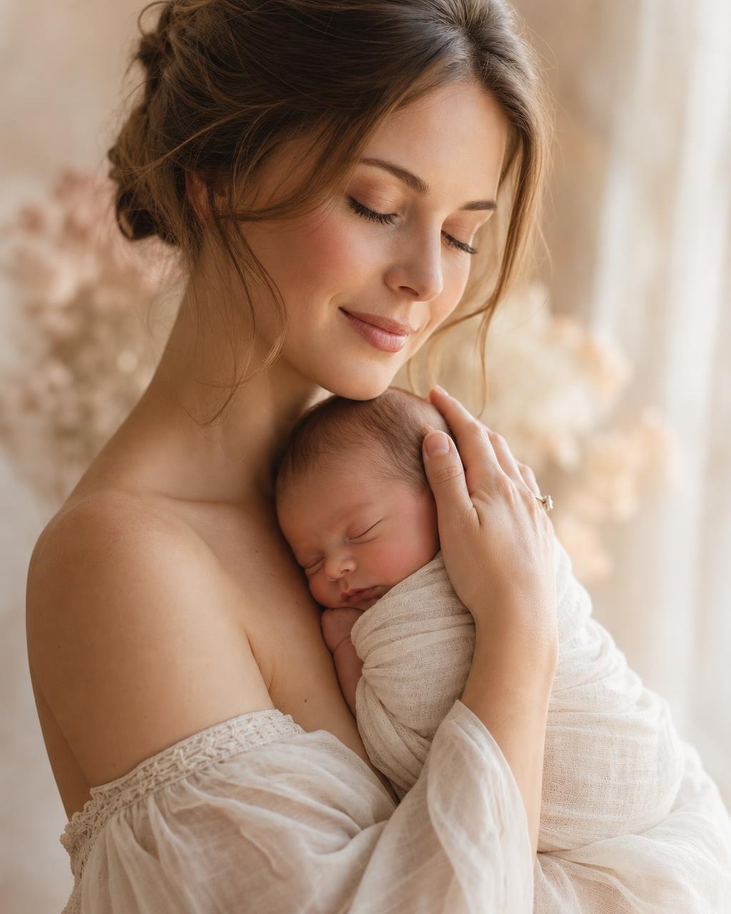 A mother gently holding her newborn baby